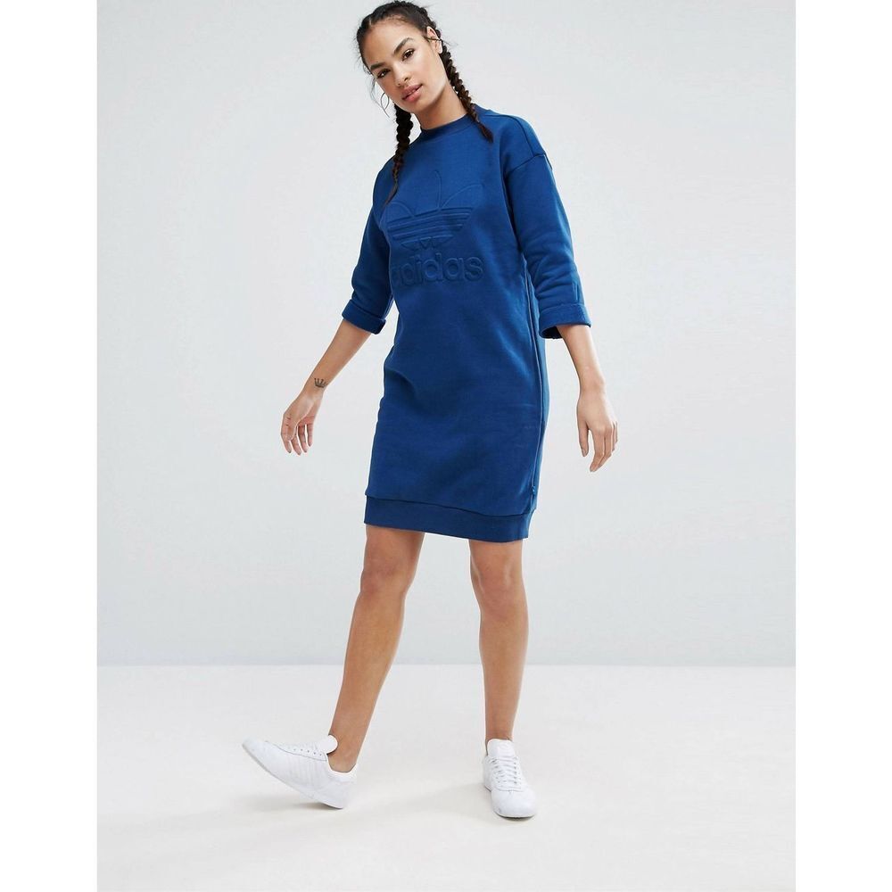 Adidas Women Sweat Mystery Blue Mini Long Sleeve Dress Women’s Size Small